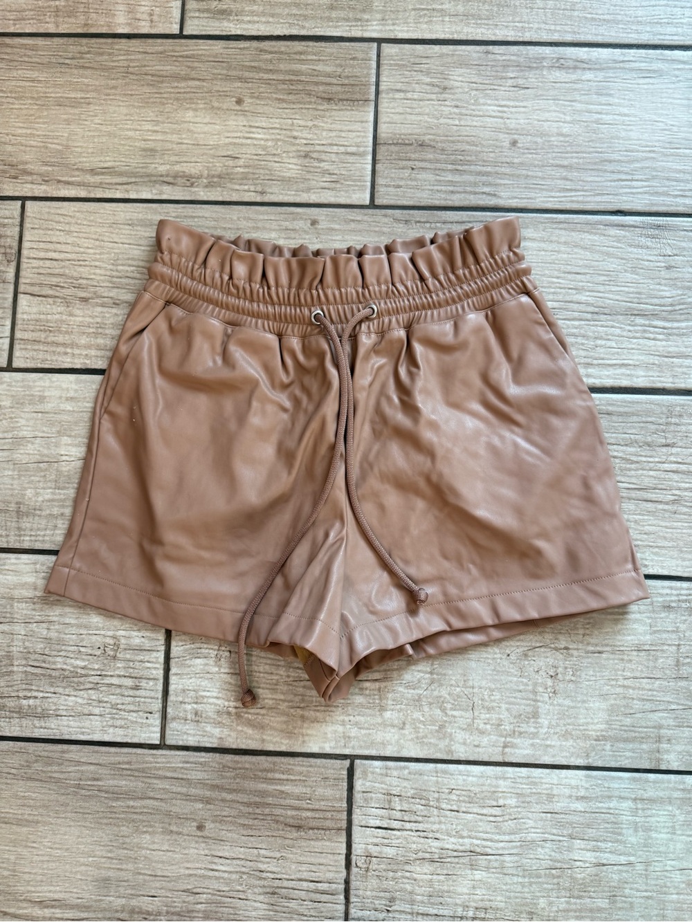 Olivaceous Faux Leather High-Waist Drawstring Shorts - Tan Brown
